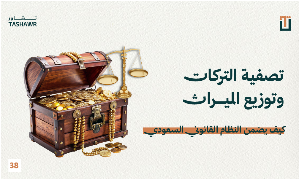 صورة توضيحية لتصفية التركات: صندوق ذهب وميزان عدل ترمز لتقسيم الميراث العادل وفقاً لنظام السعودية